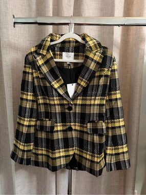 GREY LAB Yellow and Navy Plaid Blazer